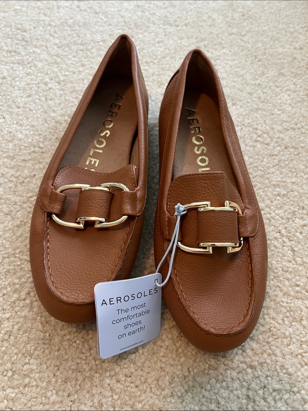 AEROSOLES Cognac Brown Faux Leather Loafers with Gold Buckle